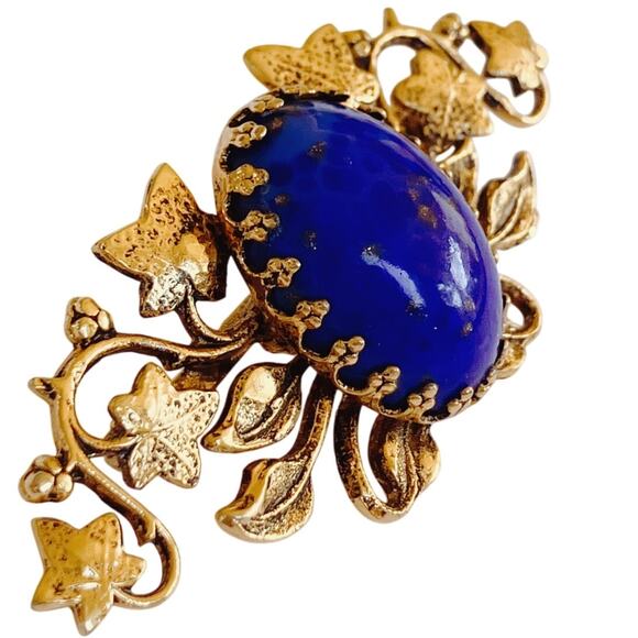 VTG 60s Gold Tone Ivy Leaf Brooch Blue Art Glass Cabochon Victorian Revival Pin - Picture 6 of 11